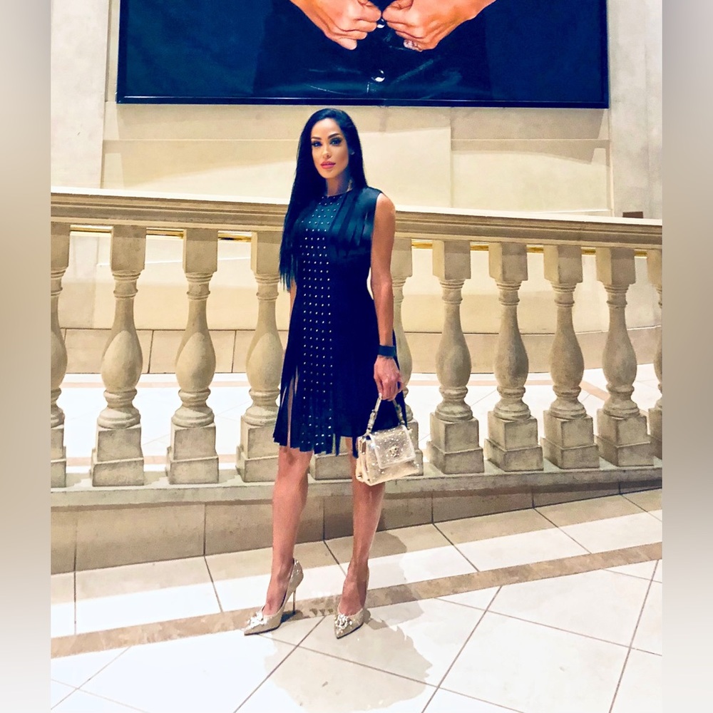SATIN STRIP STUDDED MINI DRESS